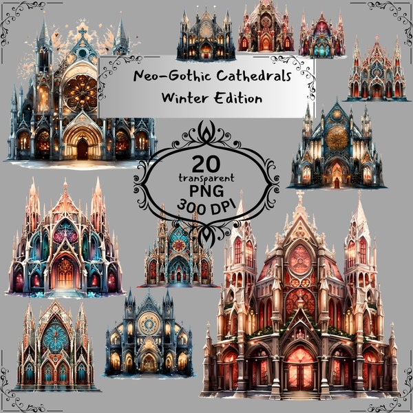 Neo-Gothic Cathedrals Digital Clipart Bundle Winter Edition!