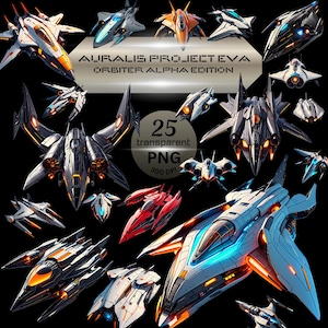 May include: A selection of 25 futuristic spacecraft designs in various colours, including white, orange, red, and black, with glowing accents. The image includes the text "Auralis Project Eva Orbiter Alpha Edition" and "25 transparent PNG 300 DPI".