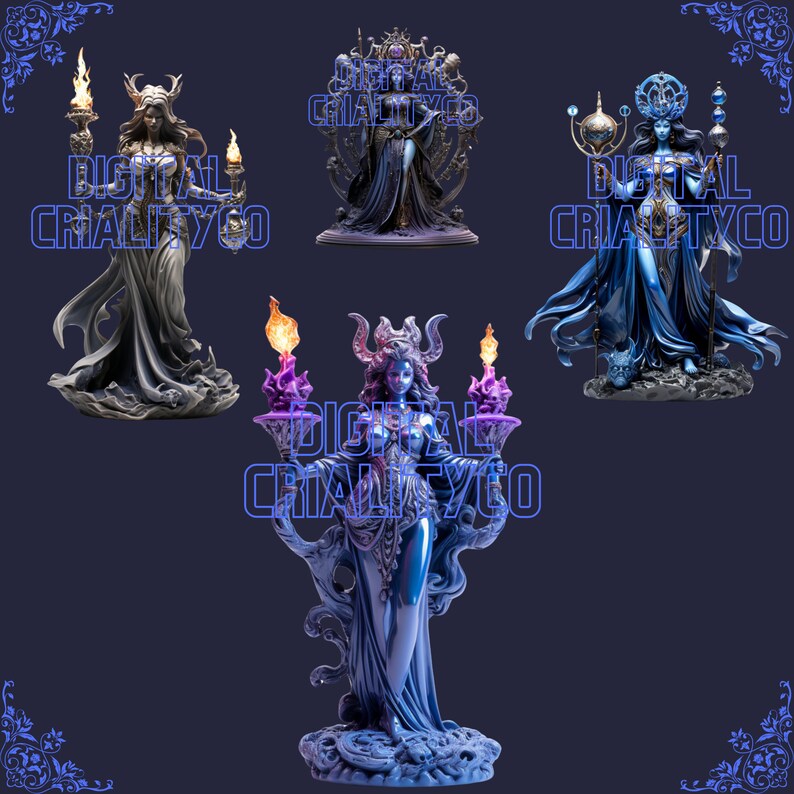 Puede incluir: Cuatro estatuas de mujeres en azul y plata con cuernos y t&uacute;nicas fluidas. Cada estatua sostiene una antorcha y se encuentra sobre una base con un dise&ntilde;o de luna creciente. Las estatuas est&aacute;n sobre un fondo azul oscuro.