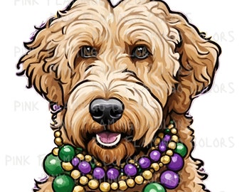 May include: A light brown doodle dog wearing a Mardi Gras necklace with purple, gold, and green beads.