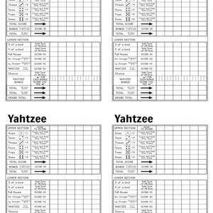 Yahtzee Score Cards