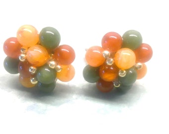 Frosted Glass Cluster Beads Avant Guard Button style. Green Gold Bronze on Silver clip on Earrings