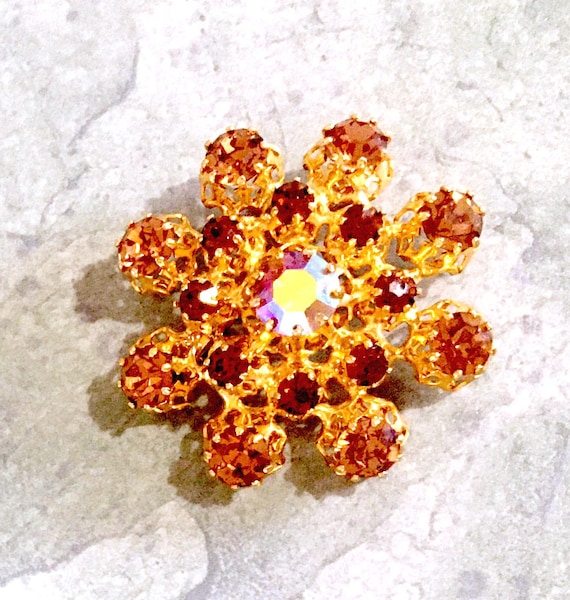 Austrian Amber Rhinestone and Gold Dome shaped Br… - image 1