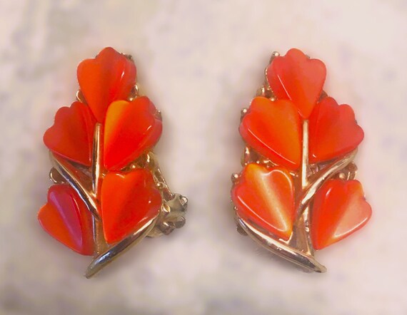 Coral colored Orange and Gold Leaf Design Earring… - image 2