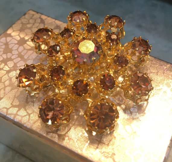 Austrian Amber Rhinestone and Gold Dome shaped Br… - image 9