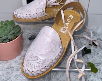 Weiße Leder Huaraches Rosemarie: Frauen schnüren mexikanische Sandalen