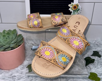 Huaraches ANABEL: Women's Double Strap Embroidered Tan Huaraches (MEXICAN SANDALS)