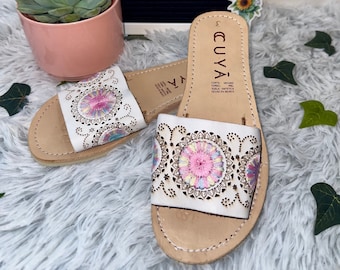 Huaraches ESTEPHANIE: Vita broderade Huaraches (MEXIKANSKA SANDALER) för dam