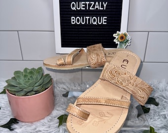 Huaraches RACHEL: Women's Leather Rose Stamped Cross Strap Huaraches (MEXICAN SANDALS)