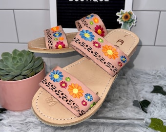 Huaraches MIA: Women's Double Strap Embroidered Light Pink Huaraches (MEXICAN SANDALS)