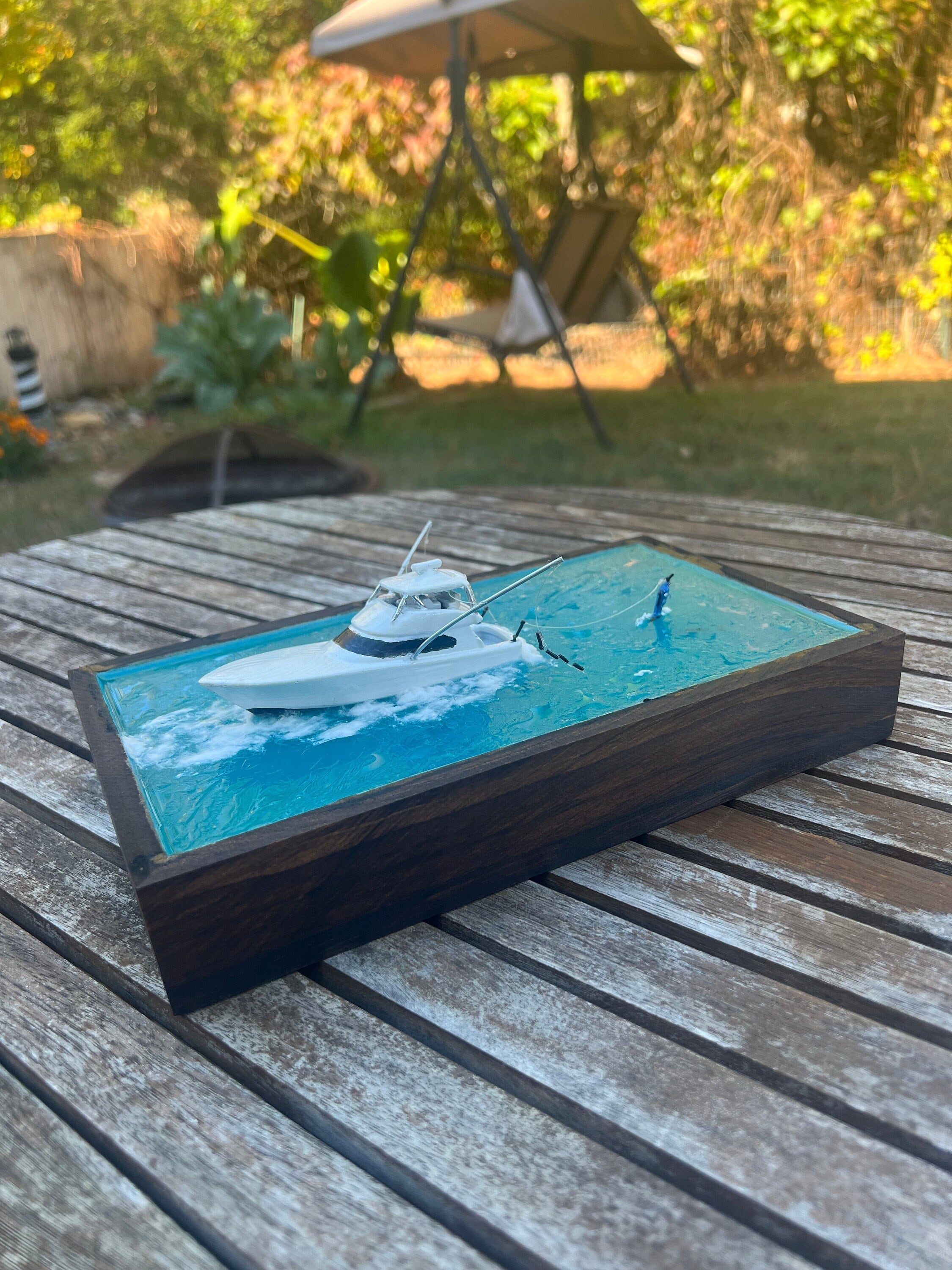 Boat Model/ Wooden Epoxy Sportfishing Boat Model Catching a Blue Marlin  Fish/home Decoration/ Table Decoration 