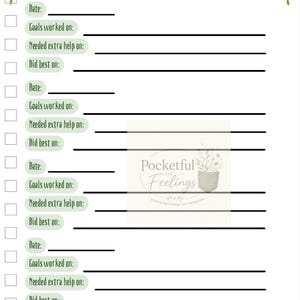 May include: An ABA Goals Tracker printable sheet with green vine accents at the top corners. It features four sections with fields for Date, Goals worked on, Needed extra help on, and Did best on, plus a watermark logo reading Pocketful of Feelings.