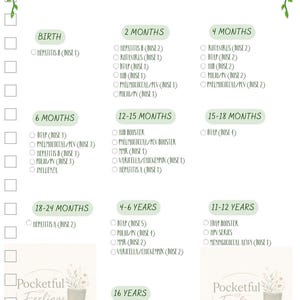 May include: A white vaccine progress tracker chart with green vine accents at the top corners. The document lists vaccination milestones from birth to 16 years, featuring checkboxes for tracking doses of various vaccines like Hepatitis, Rotavirus, and DTaP.