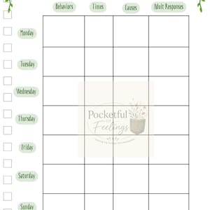 May include: A white behavior tracker chart with green vine accents at the top corners. The grid includes columns for Behaviors, Times, Causes, and Adult Responses, with rows for each day of the week. A Pocketful of Feelings logo is centered.