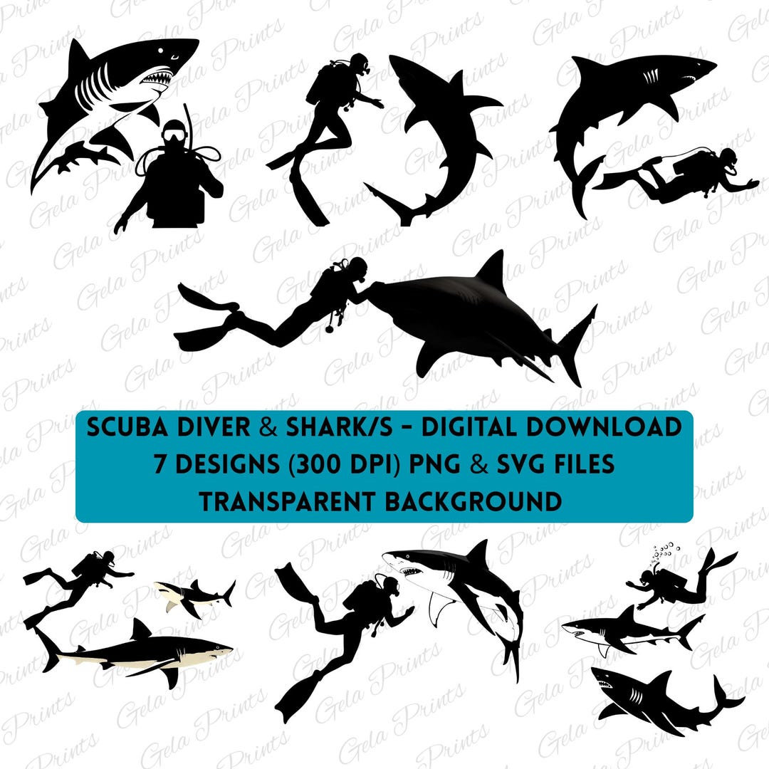 Scuba Diver And Shark Silhouette Clipart Bundle PNG SVG Etsy