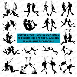 Op de afbeelding: Een set van 18 zwart-witte silhouet-illustraties van duikende stellen. De illustraties zijn op een transparante achtergrond. COUPLE DIVERS - DIGITAL DOWNLOAD 18 DESIGNS (300 DPI) PNG & SVG FILES TRANSPARENT BACKGROUND