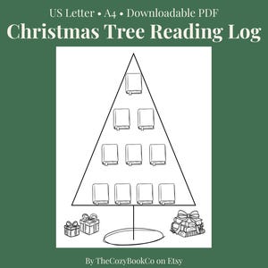 May include: A black and white Christmas Tree Reading Log printable. The tree is made of a triangle shape with books on each level. Presents and a stack of books are at the base. The text "Christmas Tree Reading Log" is at the top.