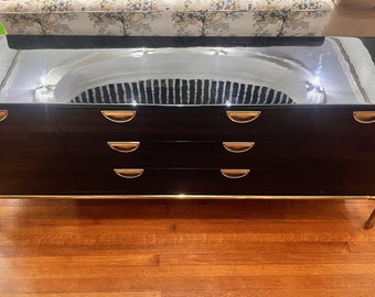 Ultra Rare 1970s Black Lacquered Credenza With Brass Hardware by John Widdicomb