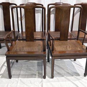 Set of 6 Henredon Hollywood Regency Chinoiserie Mahogany & Cane Dining Chairs, Circa 1970s