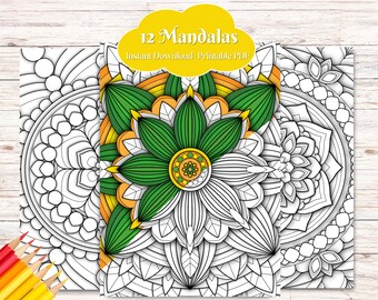 Ausmalbilder mit Blumenmandalas (PDF zum Ausdrucken), 12 Ausmalbilder für Erwachsene, Sofort-Download, Blumenmuster im A4-Format