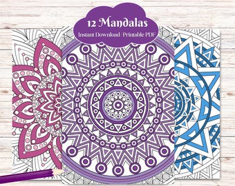 Disegni da colorare di mandala geometrici stampabili in PDF, 12 fogli da colorare per adulti, download immediato, arte con motivi in formato A4