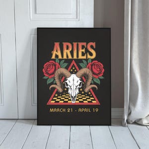 Aries Zodiac Digital Art Print | Vintage Astrology Ram Skull Wall Decor | Celestial Stars Boho Astrology Gift