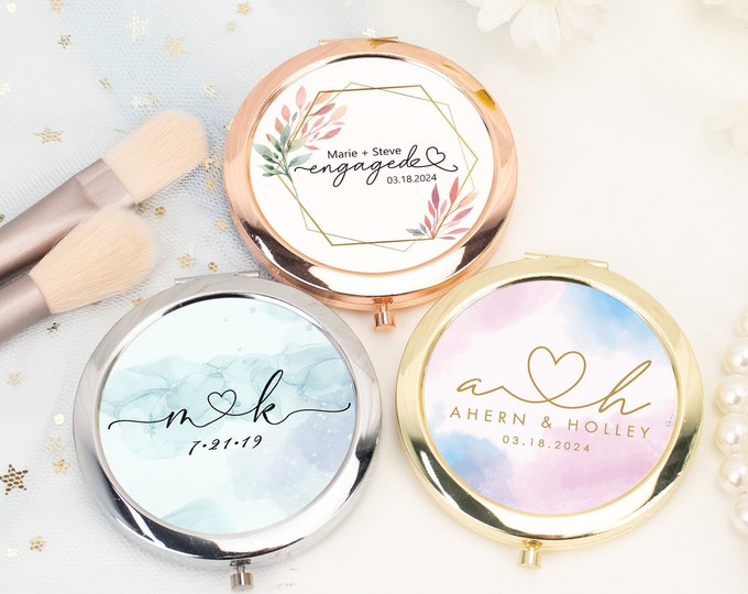 Customizable Compact Mirror, Personalized or Bridal Shower Gift, Couples Engagement, Wedding Accessories, Engraved Bridesmaid Pocket Mirror