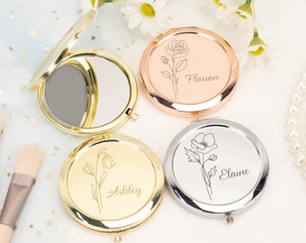 Miroir compact personnalisé, cadeaux pour demande de demoiselle d'honneur et anniversaire d'une meilleure amie, cadeau personnalisé pour femme, miroir de poche fleur de naissance pour elle