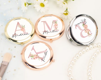 Personalized Initial Name Compact Mirror, Signature Floral Monogram Bridesmaid Makeup Pocket Mirror, Teacher's Gift, Mother of Bride Gift