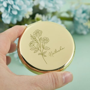 Custom Birth Flower Compact Mirror, Bridesmaid Gift Pocket Mirror, Wedding Favor Mirror, Name Engraved Mirror, Teacher Gift, Graduation Gift