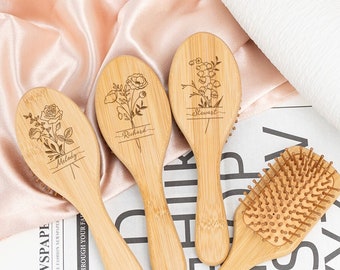 Custom Birth Flower Bamboo Hairbrush,Paddle Hairbrush with Name,Mothers Day Gift,Bridesmaid Gift,Wedding Party Favor,Gift for Her,Bridesmaid