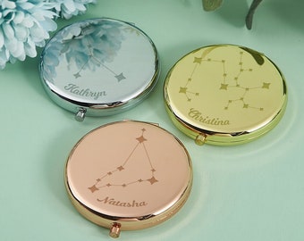 Mini espejo compacto con signo del zodíaco, espejo láser con nombre de signo de estrella, viajes, vacaciones, regalo de cumpleaños, regalo de dama de honor, regalo para mujeres, regalo de fiesta nupcial