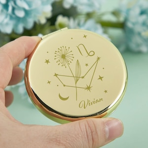 Zodiac Sign Compact Mini Mirror with Birthflower, Mothers Day Gift, Star Sign Name Mirror, Birthday Gift, Bridesmaid Gift, Bridal Party Gift