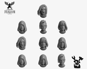 32mm Female Sci-fi Marines Heads. Custom Bits Compatible with 32mm Scale Tabletop Miniatures