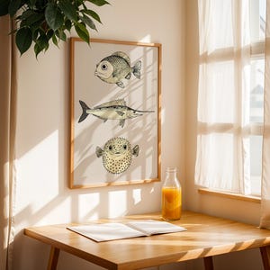 Grappige vis illustratie print, digitale downloadbare muurkunst, trendy poster, abstracte muurkunst, woondecoratie