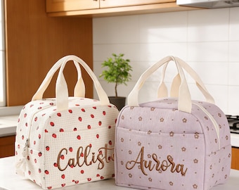 Bolsa de almuerzo de pana personalizada, bolsa térmica bordada, lonchera para picnic