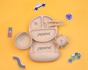 Personalized Cartoon Silicone Baby Weaning Set,Feeding Set with Name,Separator Tray Bib Cup,Engraved Toddler Feeding Set,Kids Silicone Plate