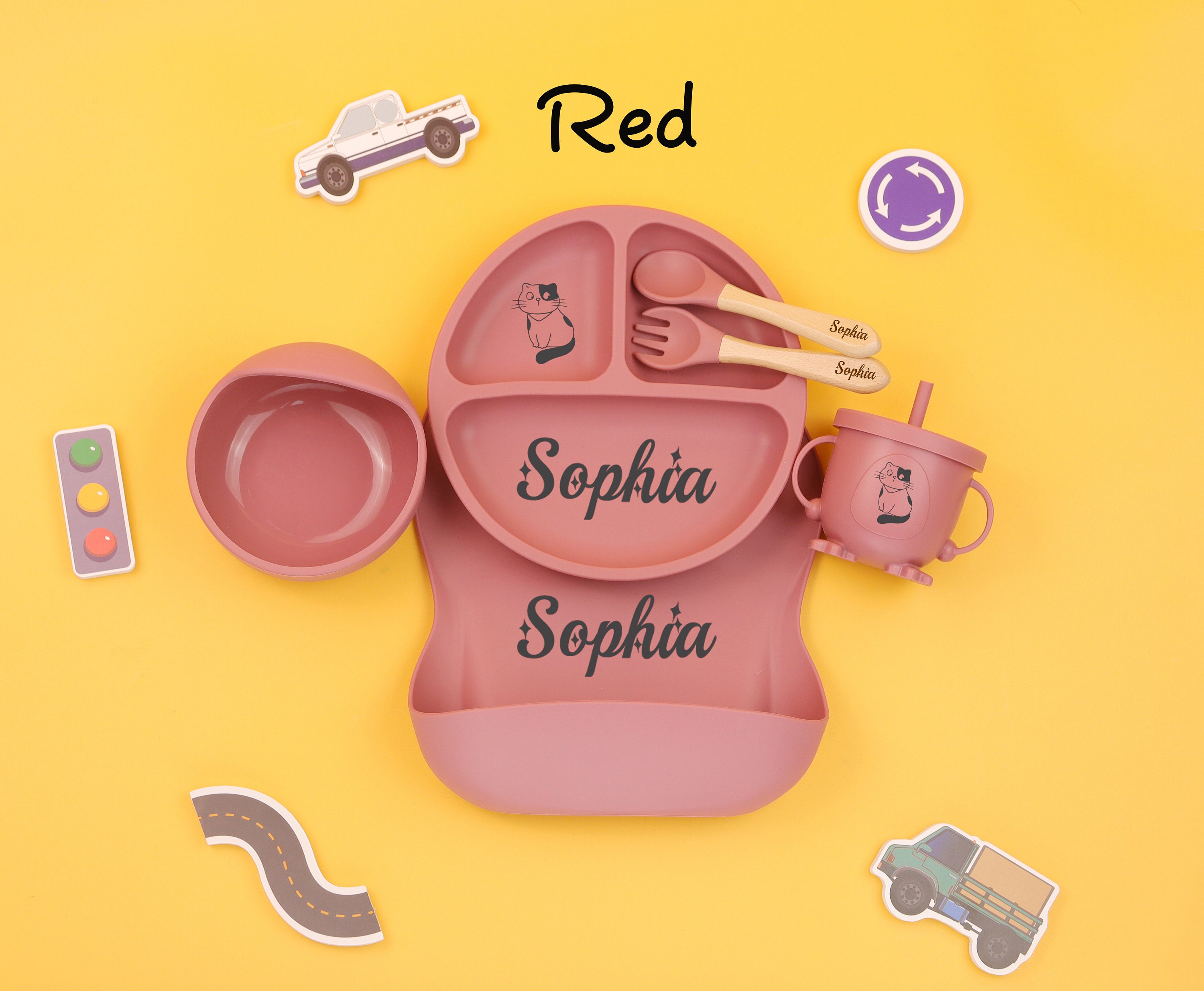 Personalized Cartoon Silicone Baby Weaning Set,Feeding Set with Name,Separator Tray Bib Cup,Engraved Toddler Feeding Set,Kids Silicone Plate
