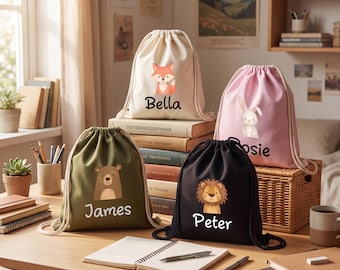 Borsa da viaggio personalizzata con nome per bambini, borsa con coulisse personalizzata con animali del bosco, borsa per bambini, regalo per la festa dei bambini, borsa fitness