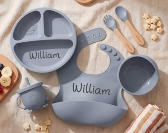 Personalized Silicone Baby Weaning Set: Cartoon Plate, Bib & Cup