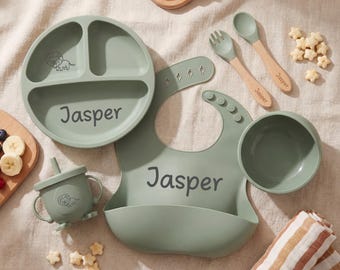 Personalized Silicone Baby Weaning Set with Name,Engraved Feeding Set,Custom Feeding Set for Babies Toddlers Kids,Baby Shower Gift,Baby Gift