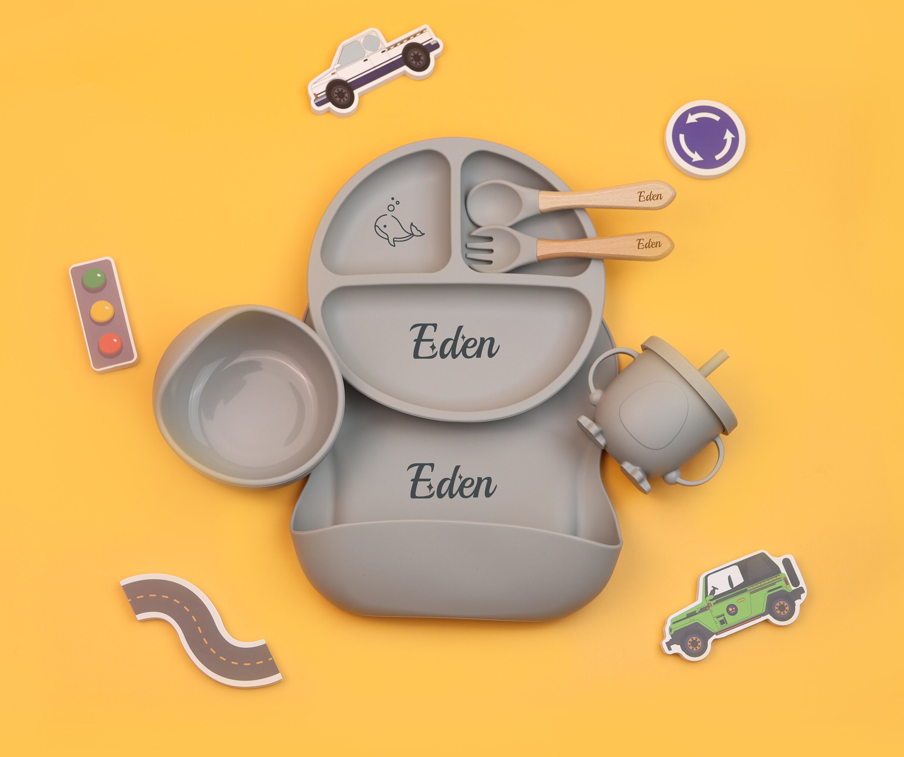 Personalized Cartoon Silicone Baby Weaning Set,Feeding Set with Name,Separator Tray Bib Cup,Engraved Toddler Feeding Set,Kids Silicone Plate