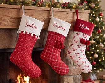 Personalized Christmas Stocking, Custom Name Embroidered Xmas Stocking, Plaid Bow Christmas Sock, Family Holiday Decor, Christmas gifts
