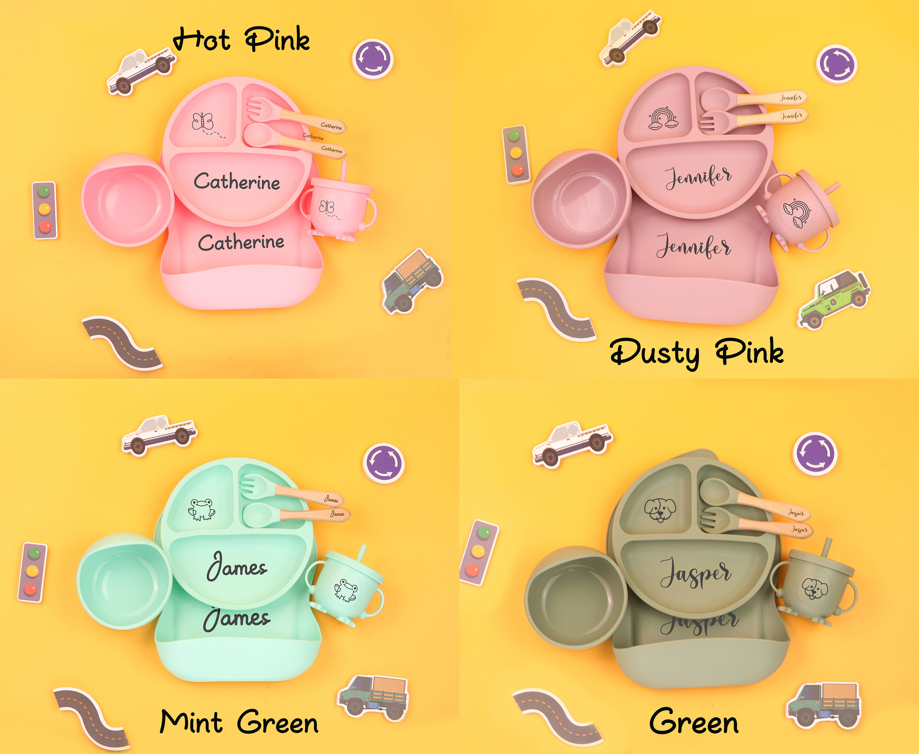 Personalized Cartoon Silicone Baby Weaning Set,Feeding Set with Name,Separator Tray Bib Cup,Engraved Toddler Feeding Set,Kids Silicone Plate
