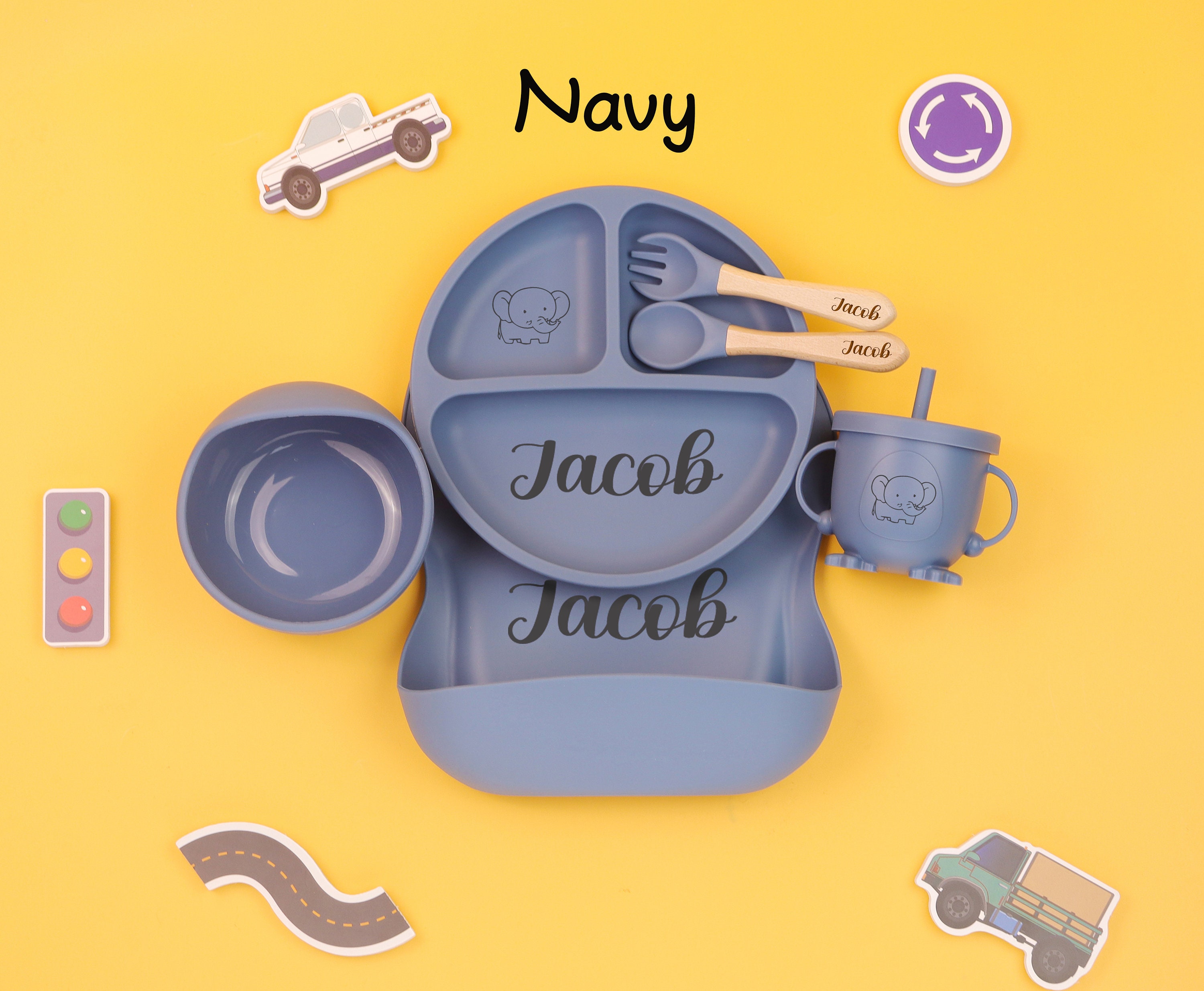 Personalized Cartoon Silicone Baby Weaning Set,Feeding Set with Name,Separator Tray Bib Cup,Engraved Toddler Feeding Set,Kids Silicone Plate