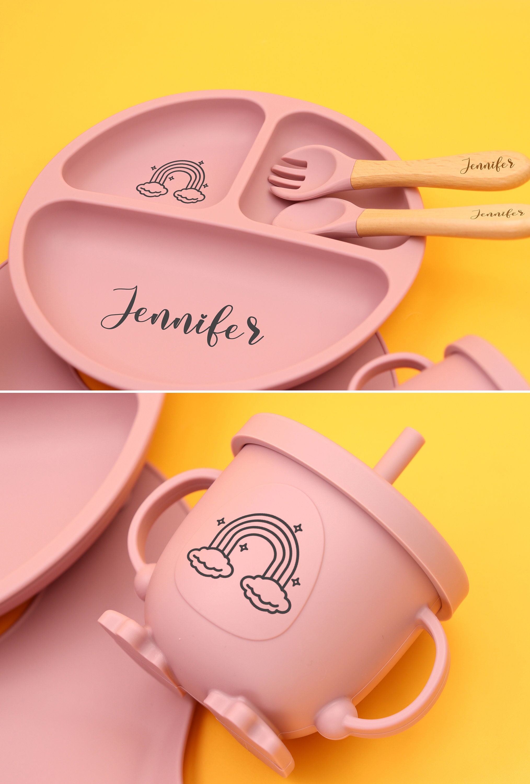 Personalized Cartoon Silicone Baby Weaning Set,Feeding Set with Name,Separator Tray Bib Cup,Engraved Toddler Feeding Set,Kids Silicone Plate