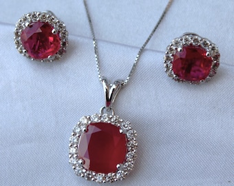 Cushion Ruby Diamond Jewelry Set: 18k White Gold Halo Pendant Earrings