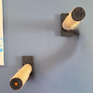 May include: Two wall-mounted cat scratchers. Each scratcher has a cylindrical shape made of tan rope and dark gray felt. The scratchers are mounted on a blue wall, providing a fun and engaging activity for cats.