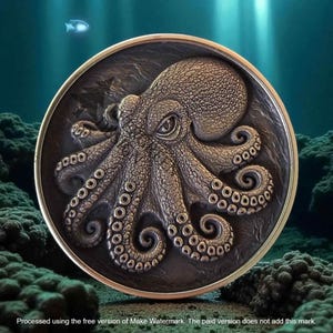 May include: A round, bronze-colored coin featuring a detailed relief of an octopus. The octopus has multiple tentacles with suckers and is set against a textured background. The coin has a gold-colored rim and is set against an underwater scene.