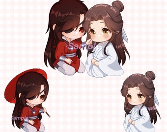 Può includere: Due personaggi in stile anime, uno in rosso e uno in bianco, sono raffigurati in stile chibi. Il personaggio in rosso ha una benda sull'occhio e tiene un dito sulla guancia del personaggio in bianco. Il personaggio in bianco ha lunghi capelli castani e indossa una veste bianca. Lo sfondo è un motivo a scacchi rosa e bianco.